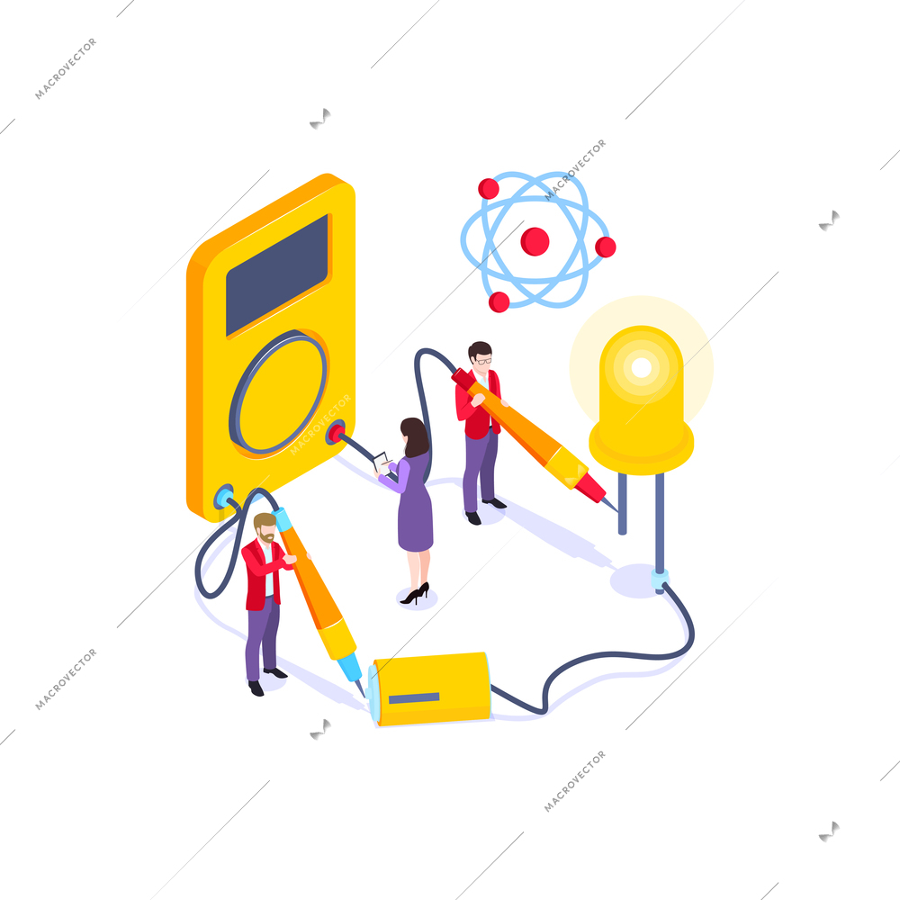 School subjects isometric composition with human characters of pupils building electric circuit vector illustration