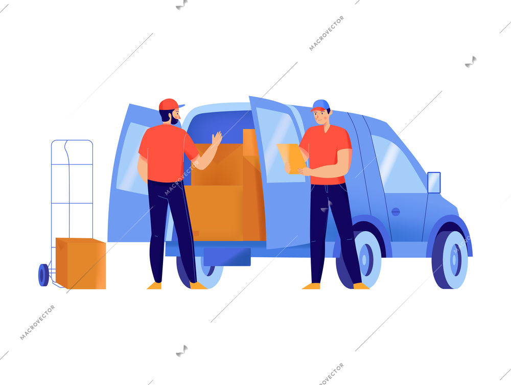 Delivery service composition with human characters of workers loading van with carton boxes vector illustration