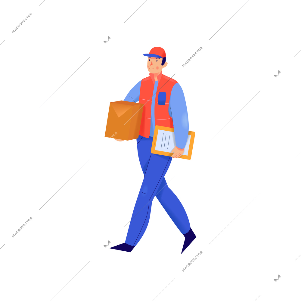 Delivery service composition with flat isolated character of courier walking with parcel vector illustration