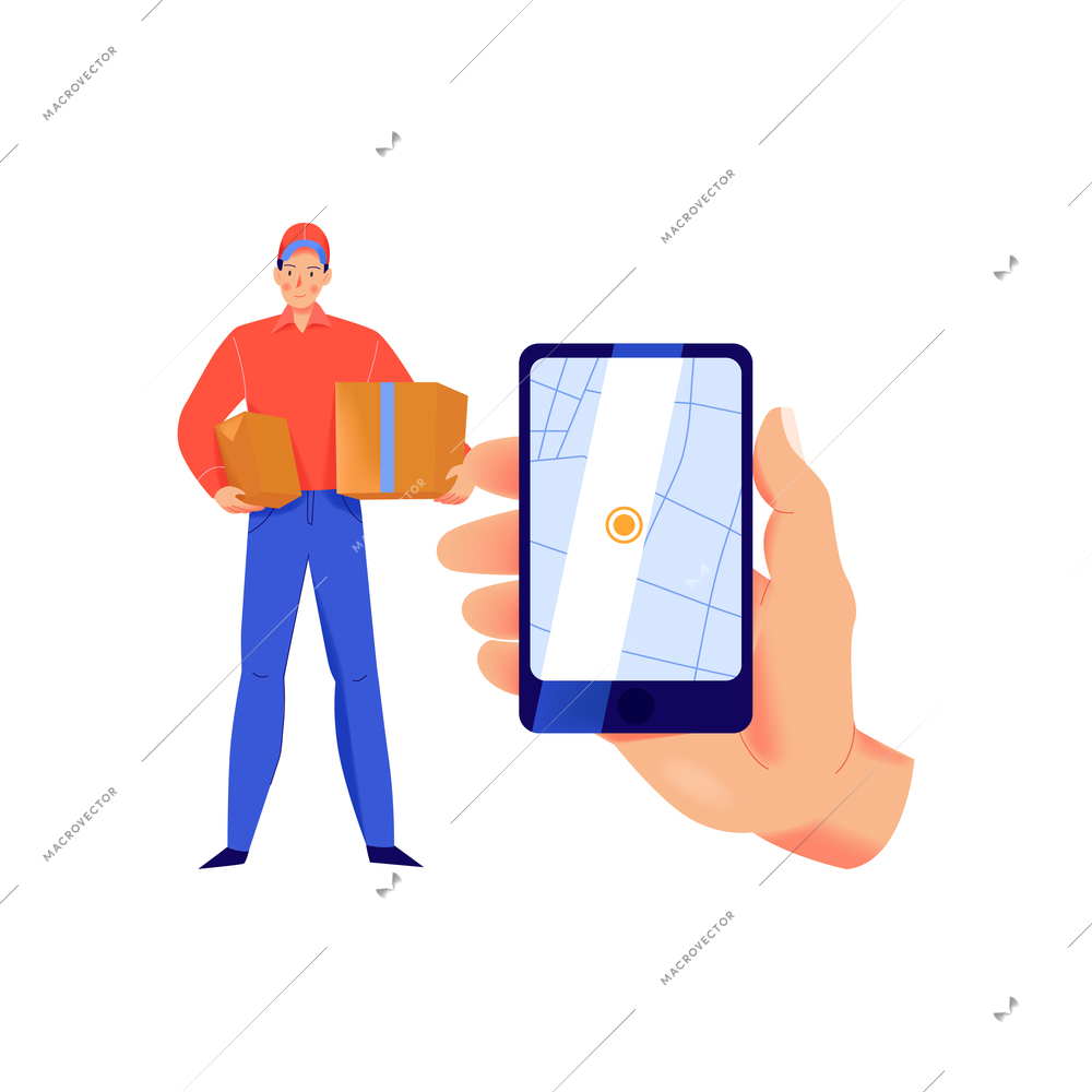 Delivery service composition with flat isolated character of courier and hand with smartphone vector illustration