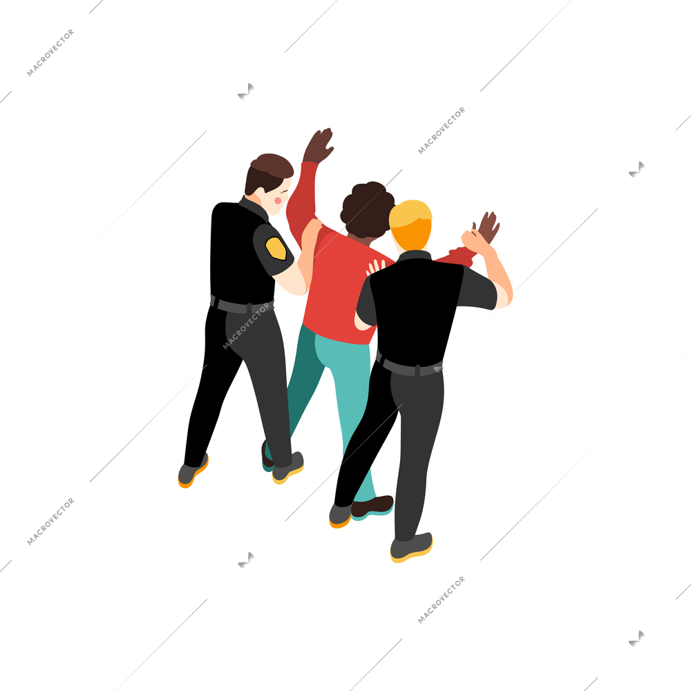 Black lives matter isometric composition with characters of violent police officers touching black person vector illustration