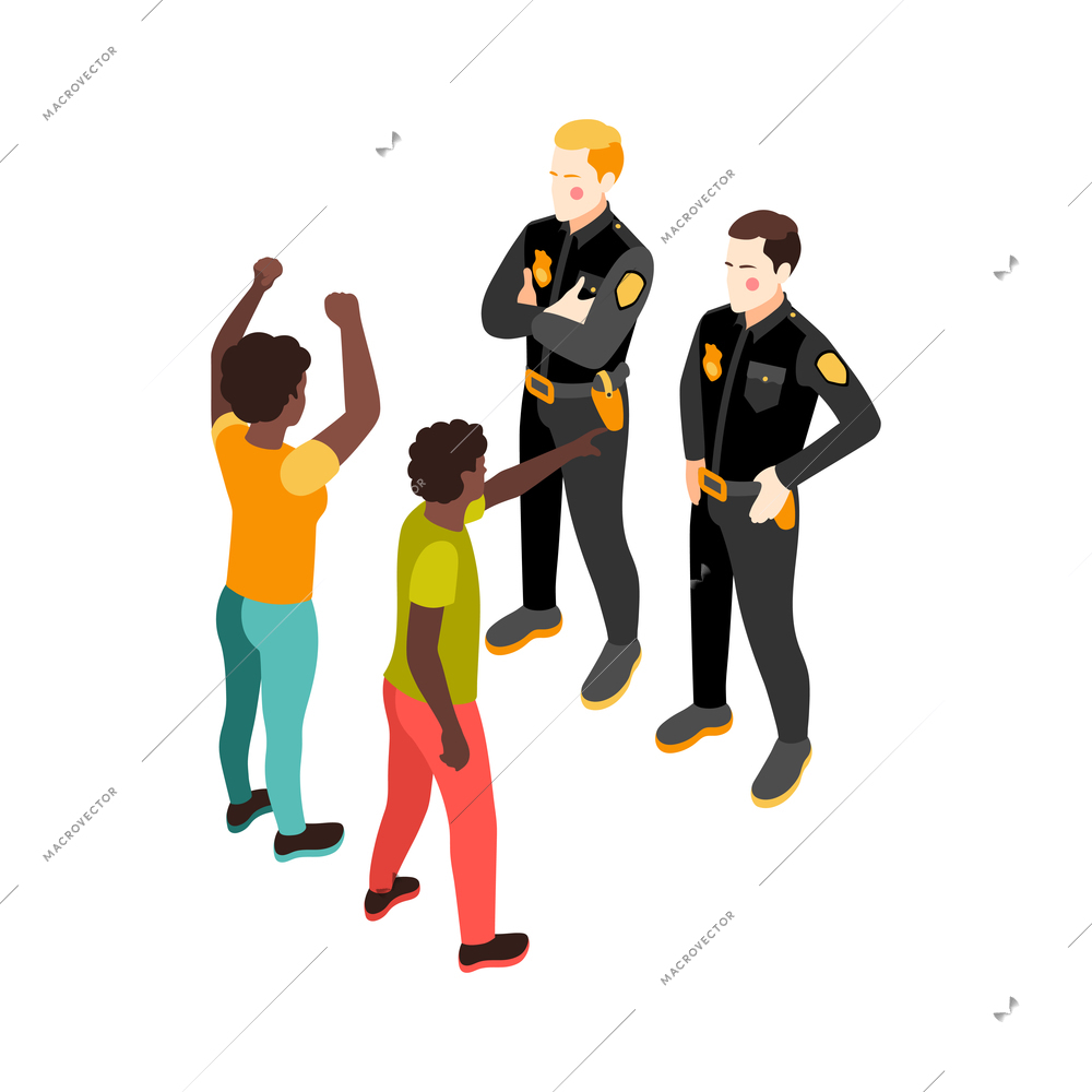 Black lives matter isometric composition with characters of police officers in front of black protesters vector illustration