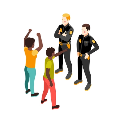 Black lives matter isometric composition with characters of police officers in front of black protesters vector illustration