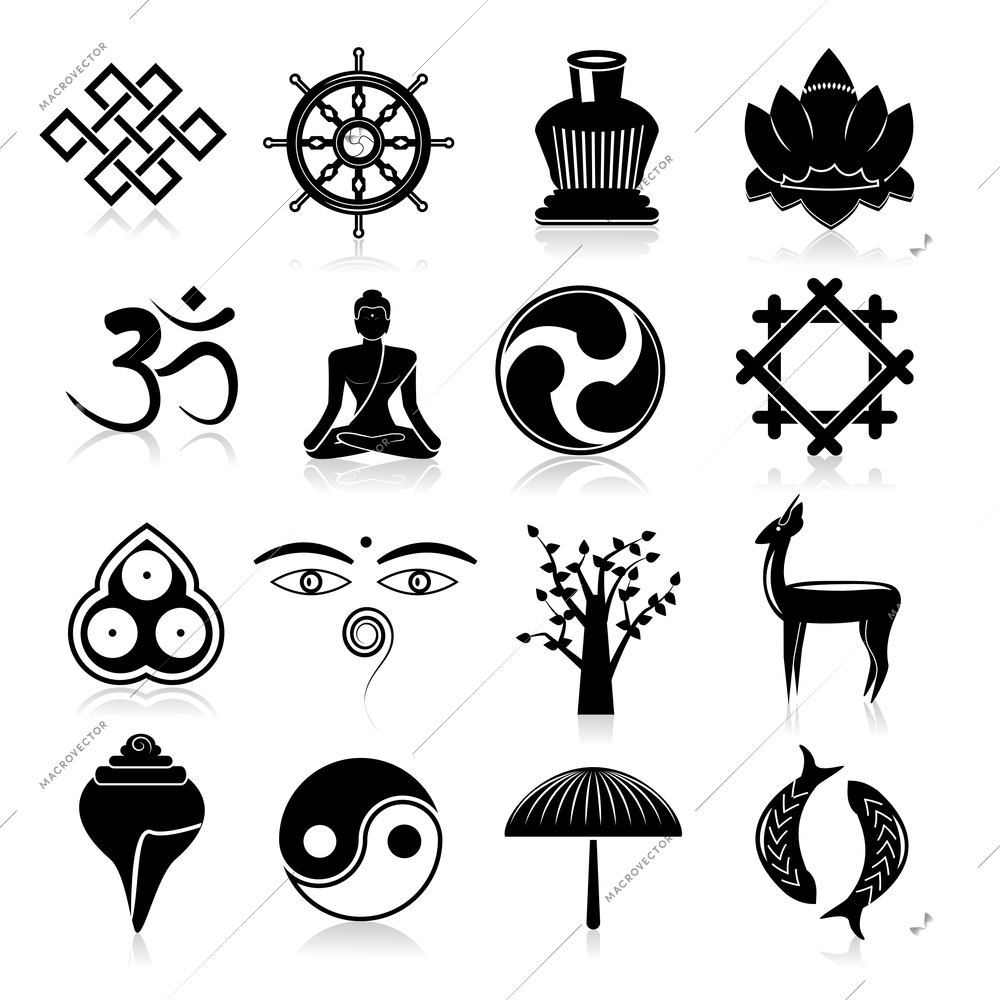 Buddhism yoga oriental traditional symbols icons black set isolated vector illustration