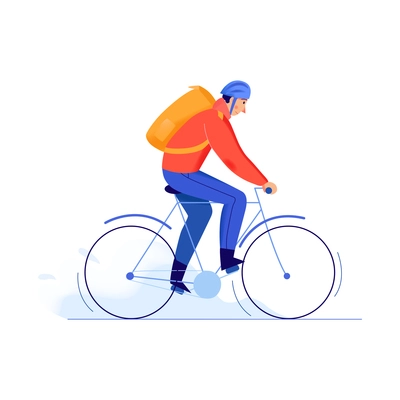 Delivery service composition with flat isolated character of courier riding bike with backpack vector illustration