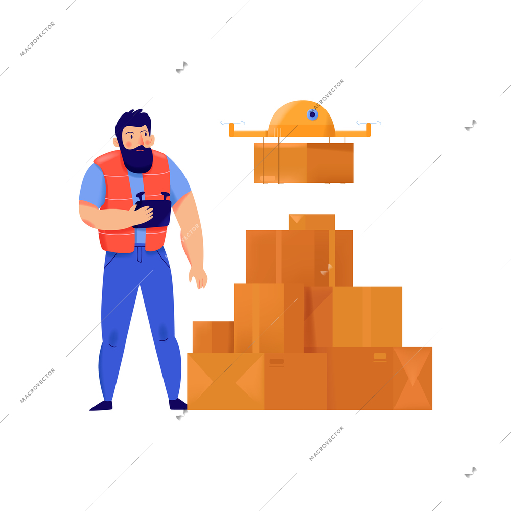 Delivery service composition with flat isolated character of warehouse worker with pile of boxes vector illustration