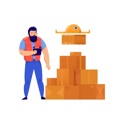 Delivery service composition with flat isolated character of warehouse worker with pile of boxes vector illustration