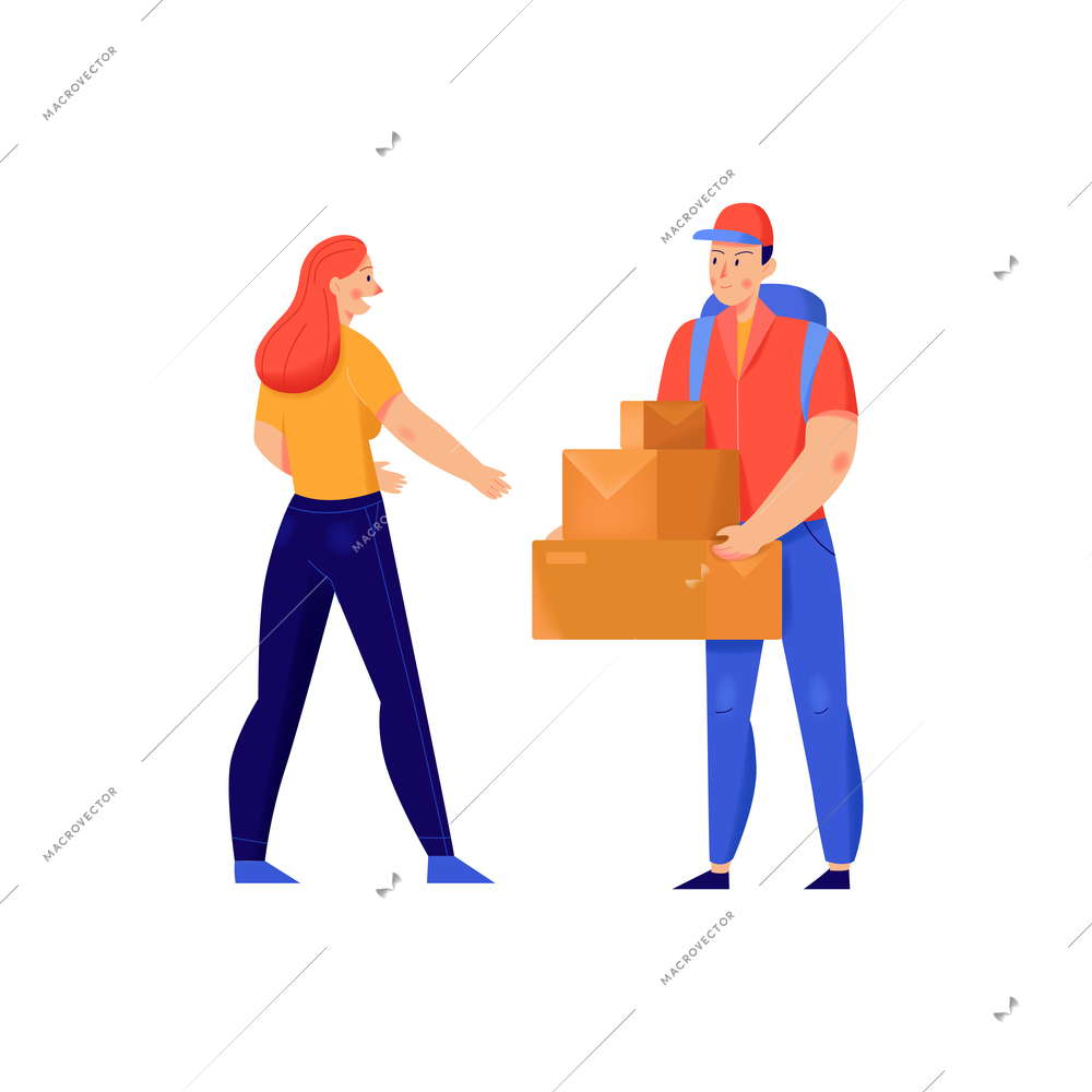 Delivery service composition with flat isolated characters of parcel recipient with courier carrying boxes vector illustration