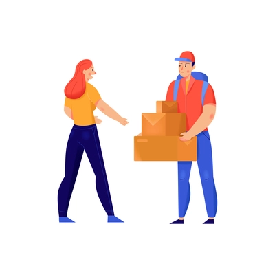 Delivery service composition with flat isolated characters of parcel recipient with courier carrying boxes vector illustration