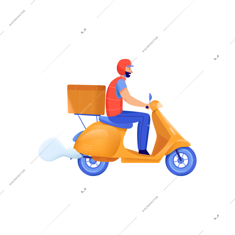 Delivery service composition with flat isolated character of courier riding scooter motorbike with parcel vector illustration