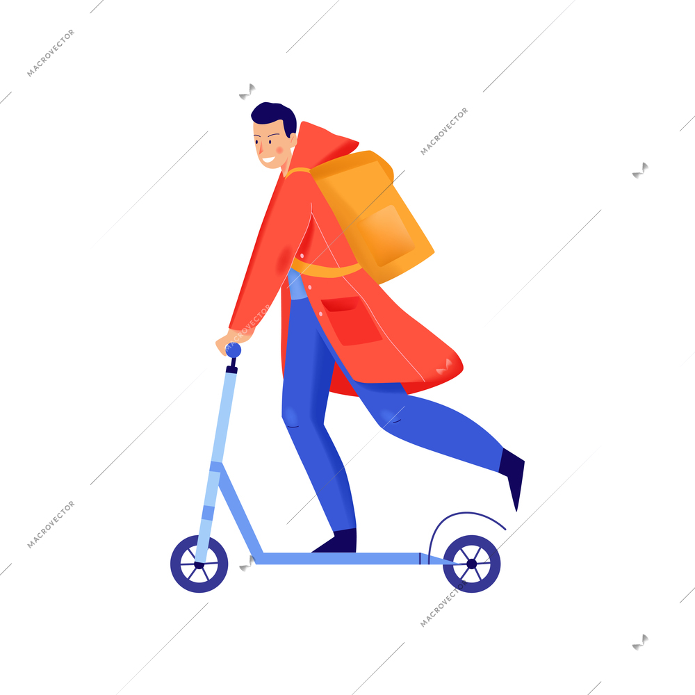 Delivery service composition with flat isolated character of courier riding push bicycle vector illustration