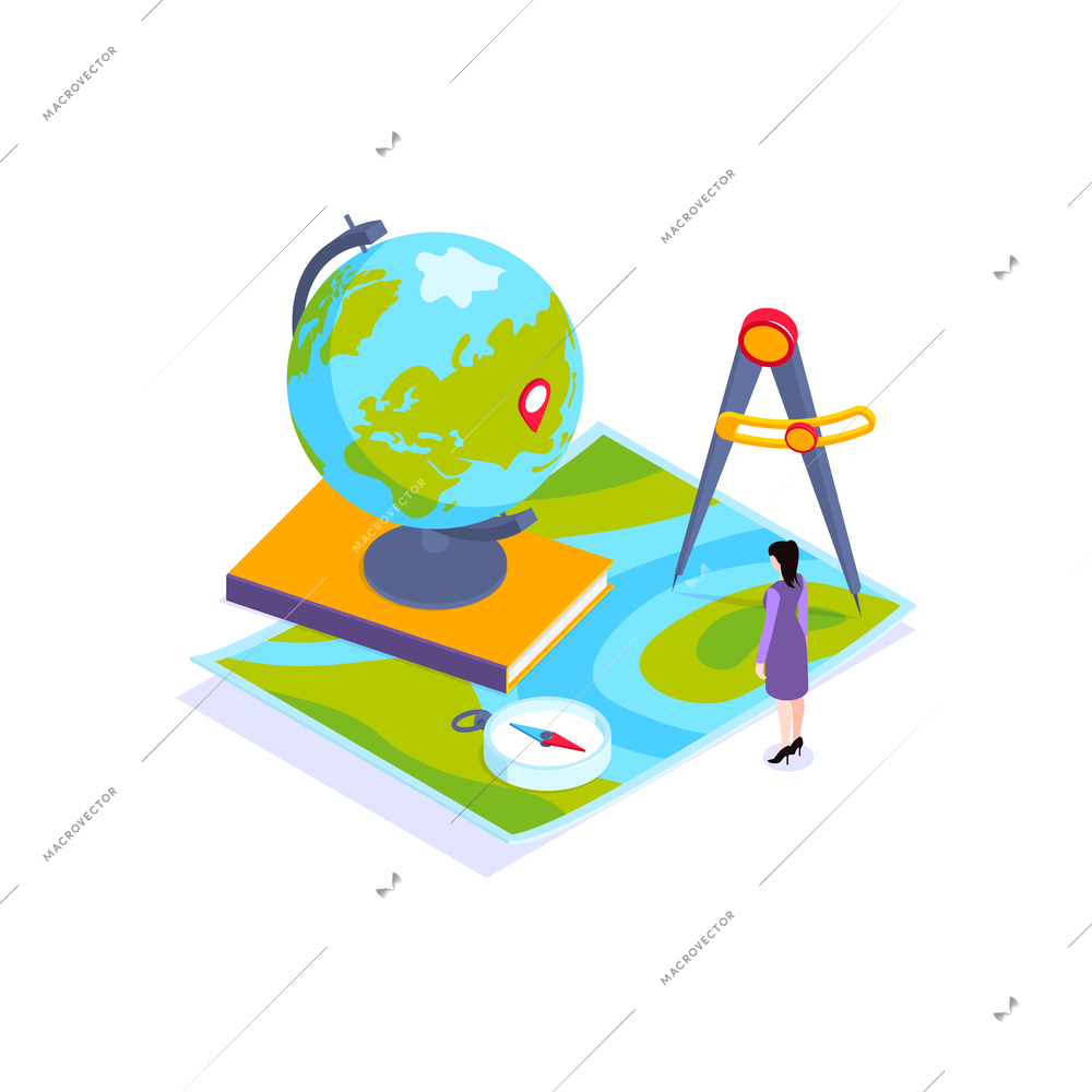 School subjects isometric composition with images of earth globe with map and compass vector illustration