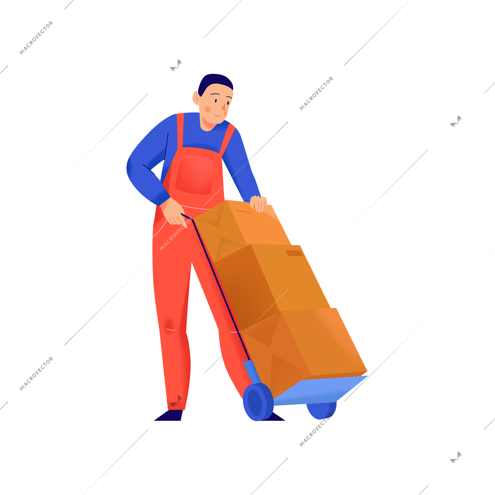 Delivery service composition with flat isolated character of warehouse worker putting boxes on trolley vector illustration