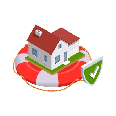 Insurance isometric composition with isolated image of private house on inflatable ring with shield vector illustration