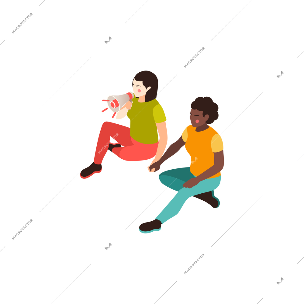 Black lives matter isometric composition with characters of sitting protesters shouting slogans vector illustration