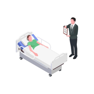 Insurance isometric composition with character of sick person in hospital bed with agent and contract vector illustration