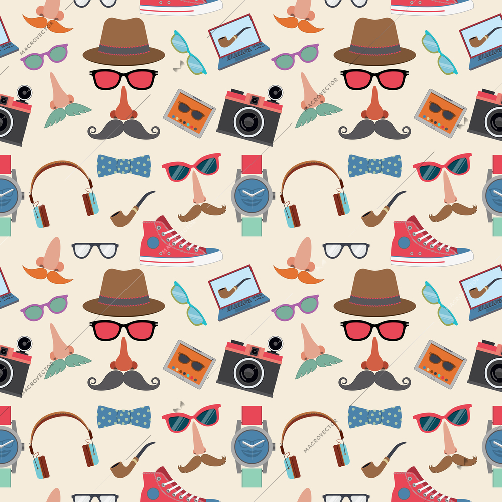 Hipster elements seamless pattern with gumshoes bowtie mustaches smoking pipe vector illustration