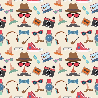 Hipster elements seamless pattern with gumshoes bowtie mustaches smoking pipe vector illustration