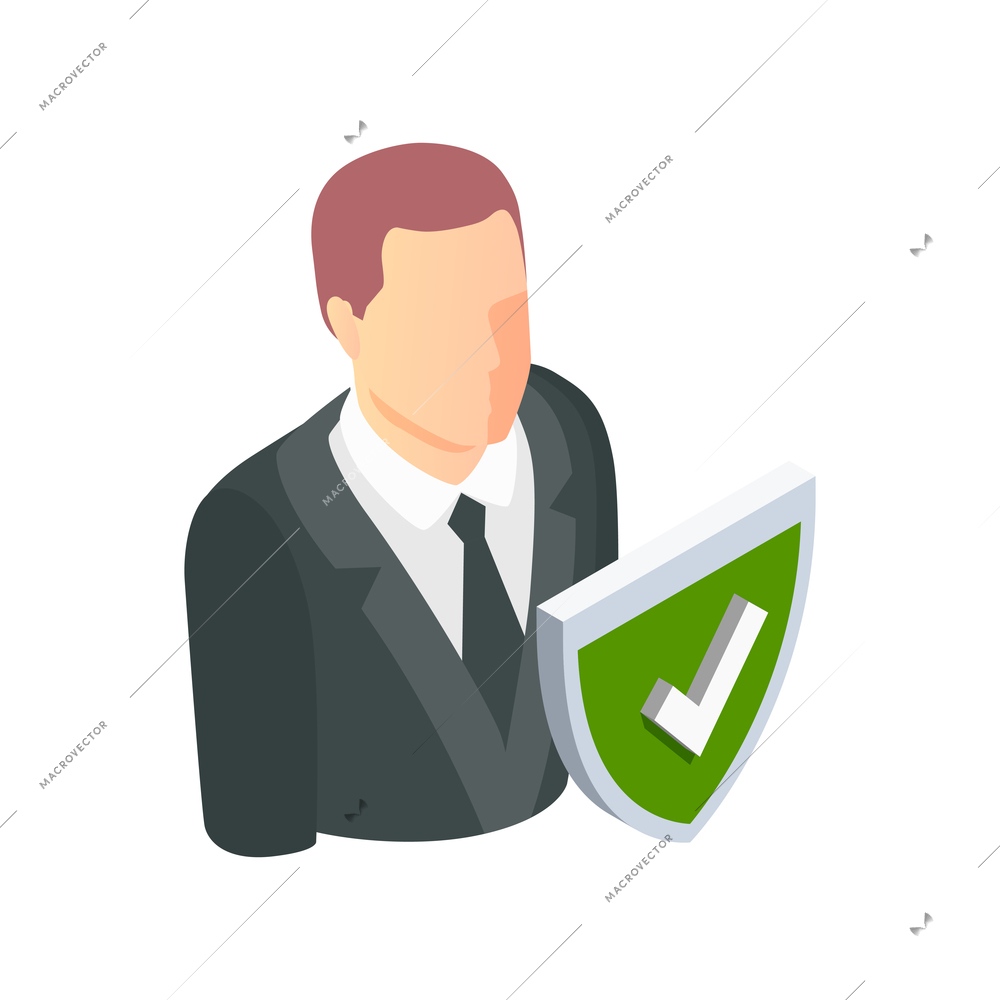 Insurance isometric composition with faceless human character and green shield vector illustration