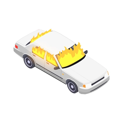 Insurance isometric composition with isolated image of burning car vector illustration