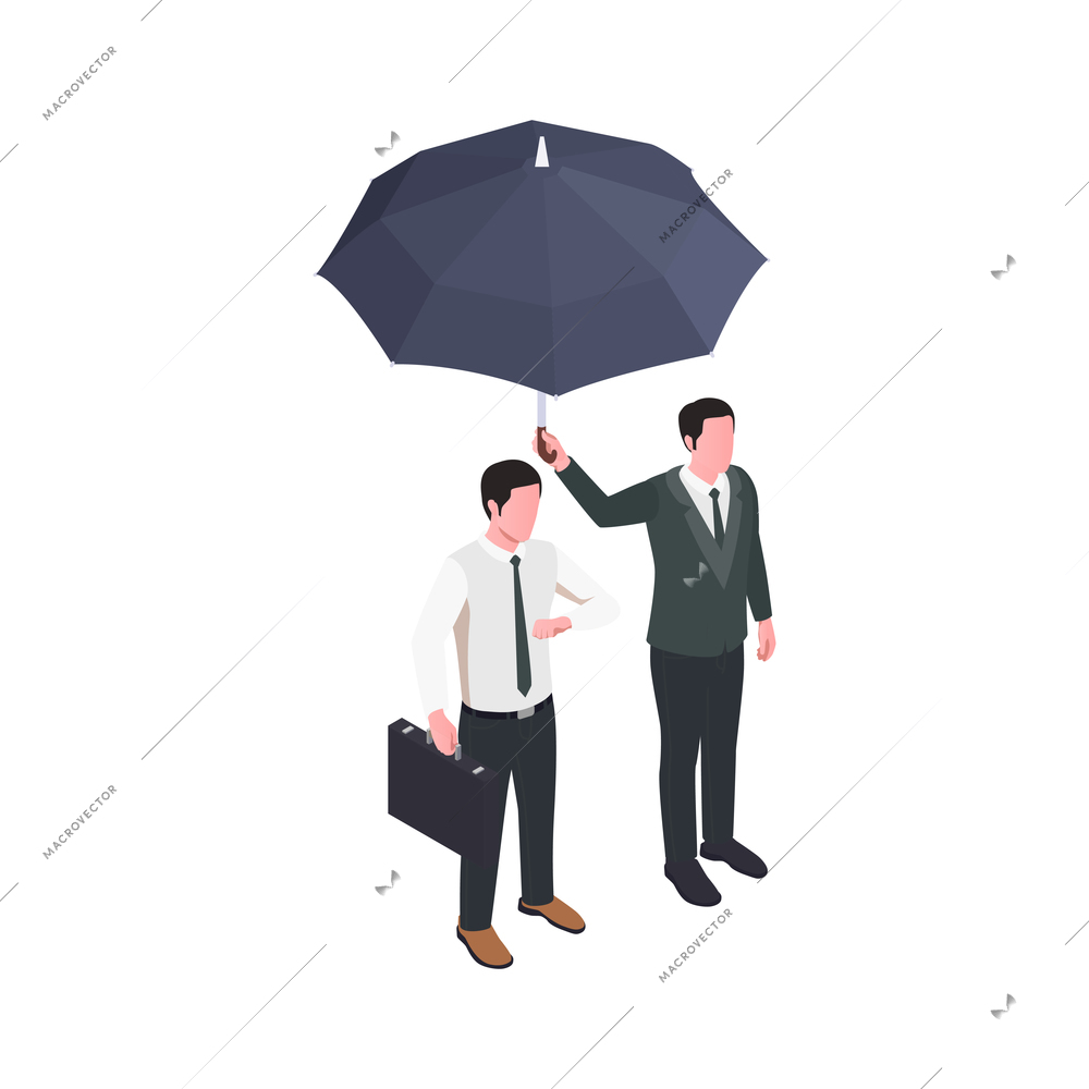 Insurance isometric composition with characters of businessman with guard holding umbrella vector illustration