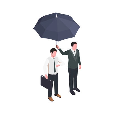 Insurance isometric composition with characters of businessman with guard holding umbrella vector illustration