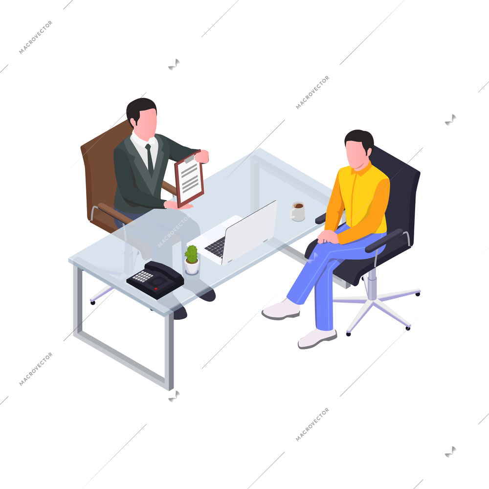 Insurance isometric composition with characters client at agents office with contract vector illustration