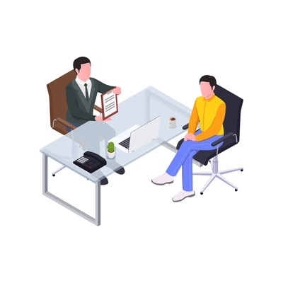 Insurance isometric composition with characters client at agents office with contract vector illustration