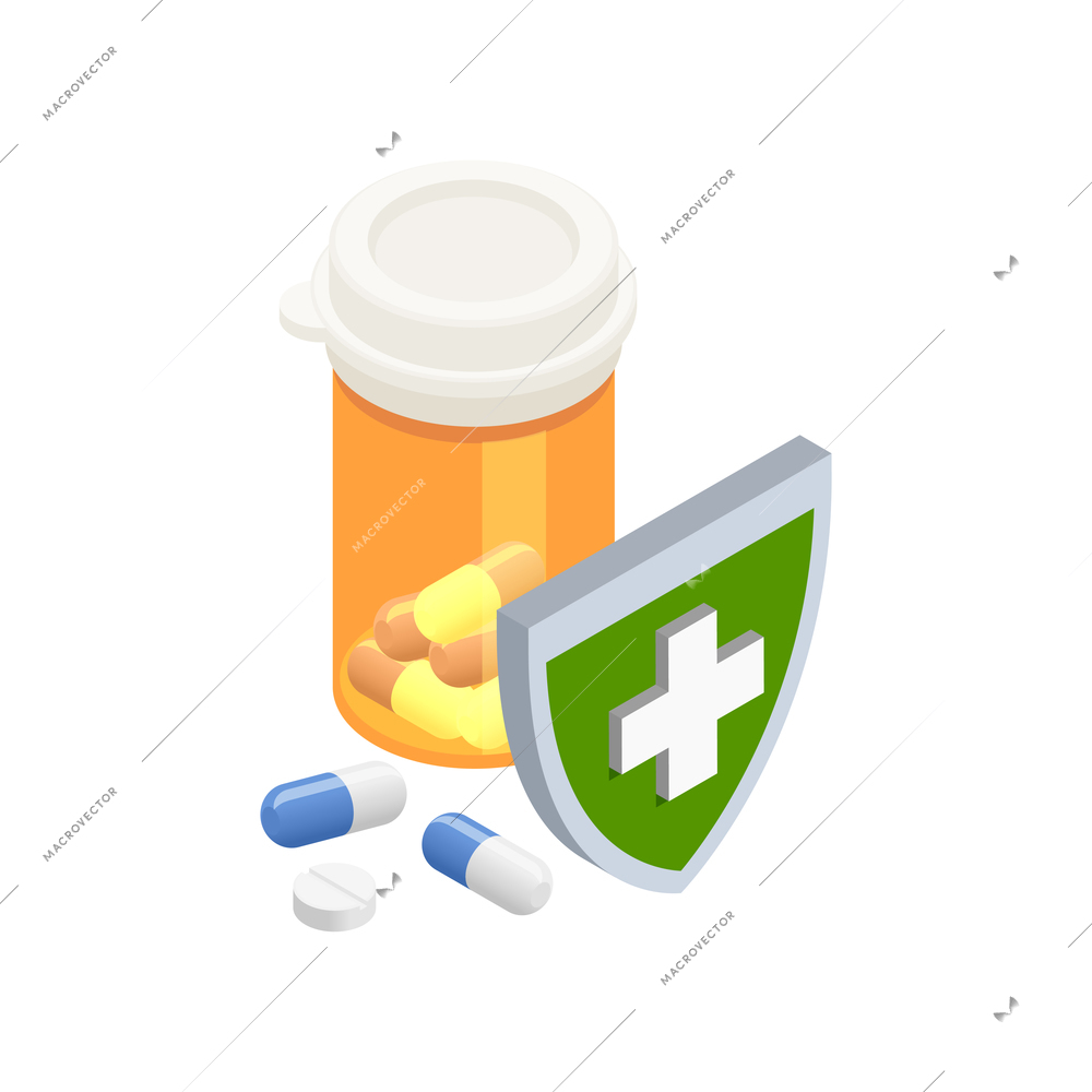 Insurance isometric composition with isolated image of medical pills pack with shield vector illustration