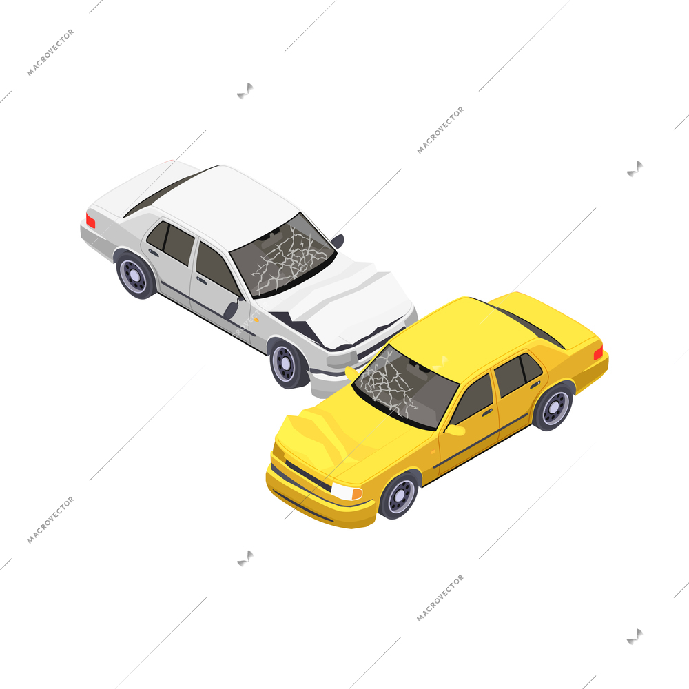 Insurance isometric composition with isolated images of two crashed cars on blank background vector illustration