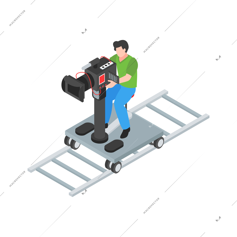 Isometric cinematography composition with isolated character of cameraman with camera on rails vector illustration