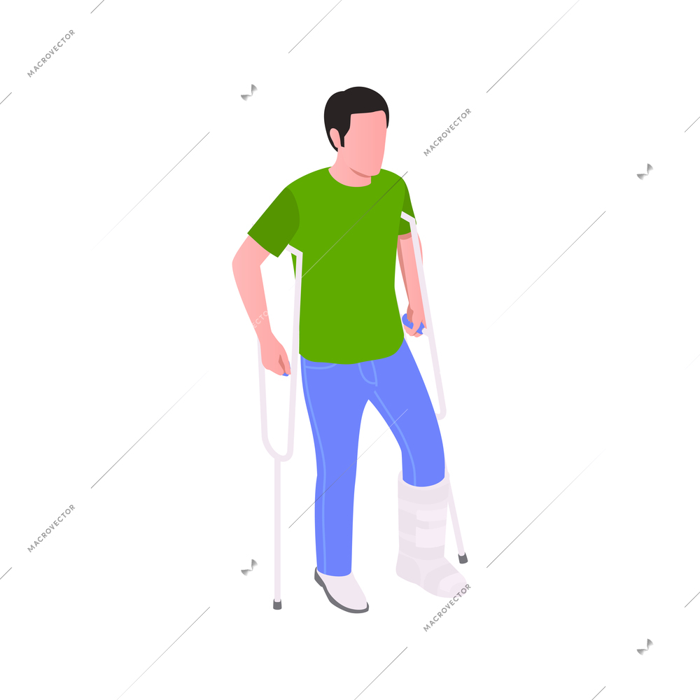 Insurance isometric composition with human character of injured person on crutches vector illustration
