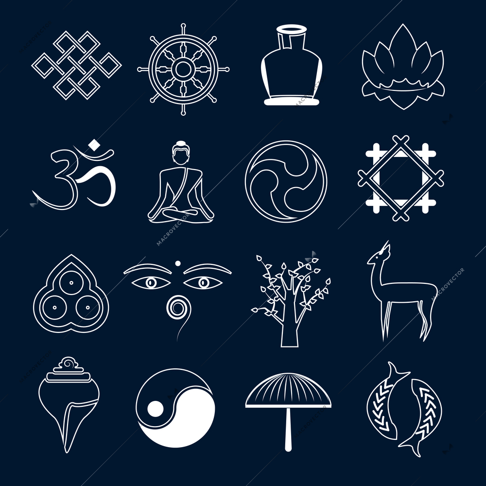 Buddhism yoga oriental zen meditation energy symbols icons outline set isolated vector illustration