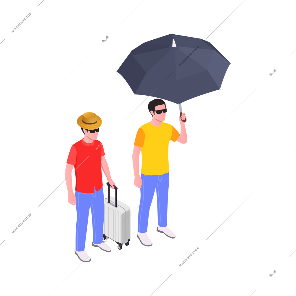 Insurance isometric composition with characters of tourists with suitcase holding umbrella vector illustration