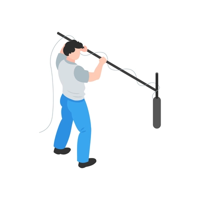 Isometric cinematography composition with isolated character of audio engineer recording sound with microphone vector illustration