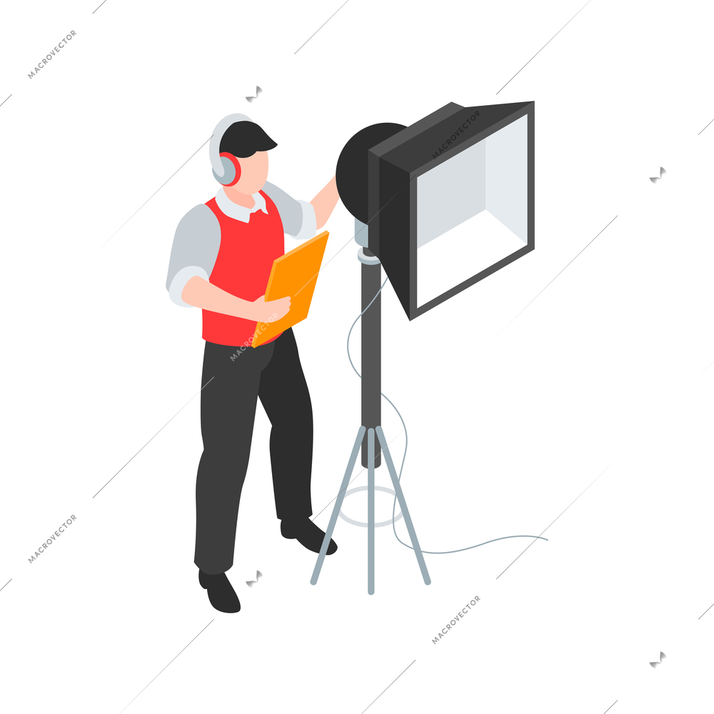 Isometric cinematography composition with isolated character of lighting engineer with spot light vector illustration