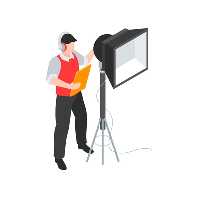 Isometric cinematography composition with isolated character of lighting engineer with spot light vector illustration