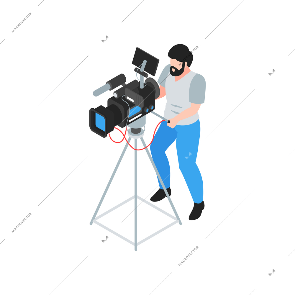 Isometric cinematography composition with isolated character of cameraman with camera on tripod vector illustration