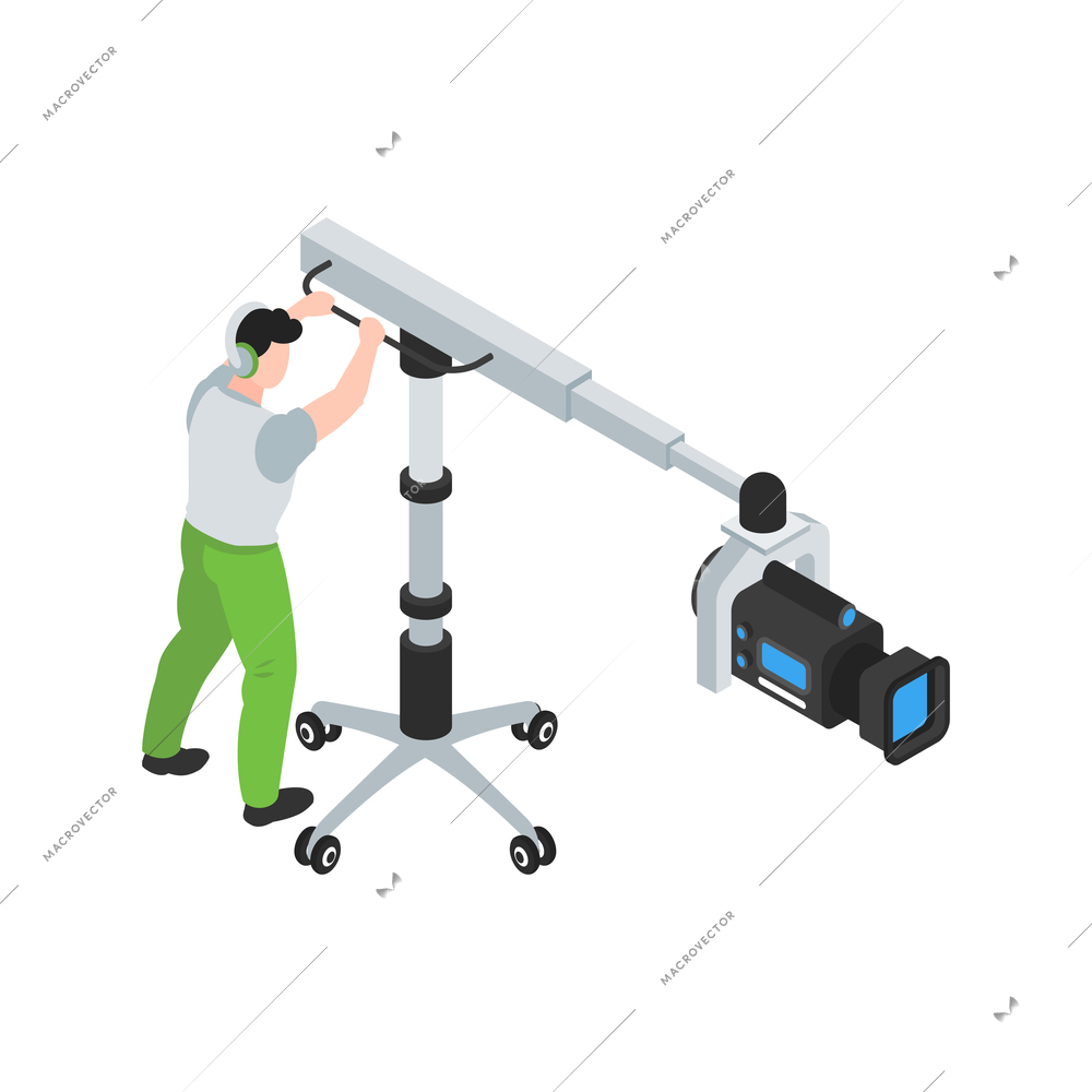 Isometric cinematography composition with isolated character of cameraman with camera on wheel stand vector illustration