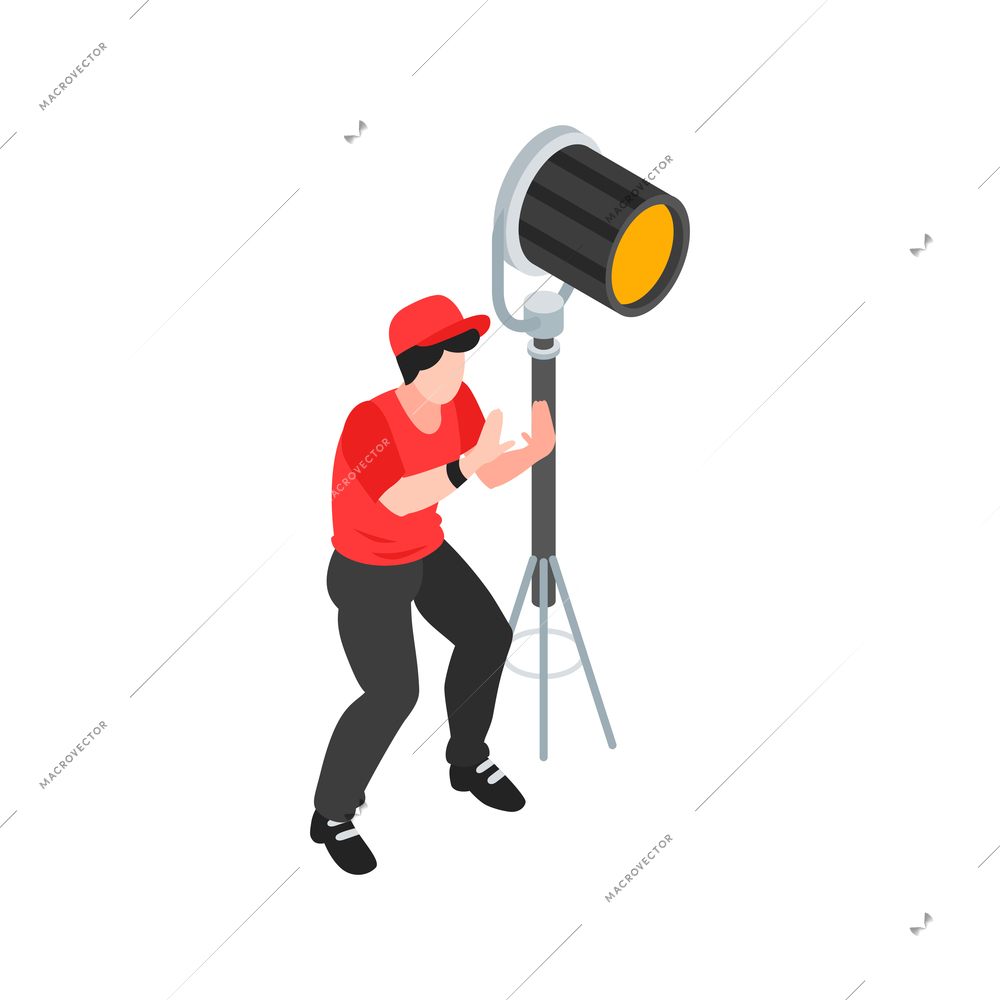 Isometric cinematography composition with isolated character of gaffer with spot light vector illustration