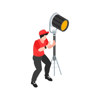 Isometric cinematography composition with isolated character of gaffer with spot light vector illustration