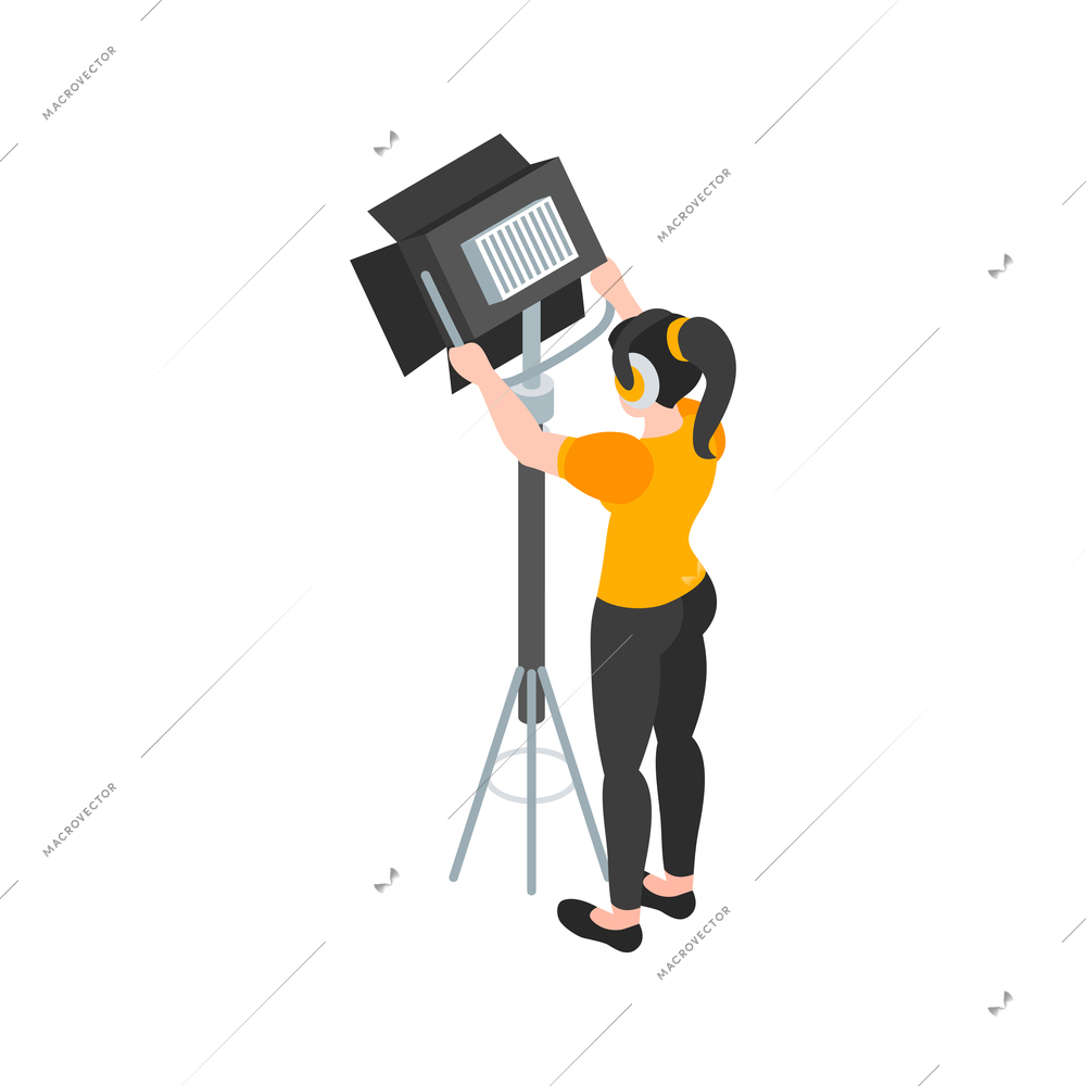 Isometric cinematography composition with isolated character of lighting assistant with spot light vector illustration