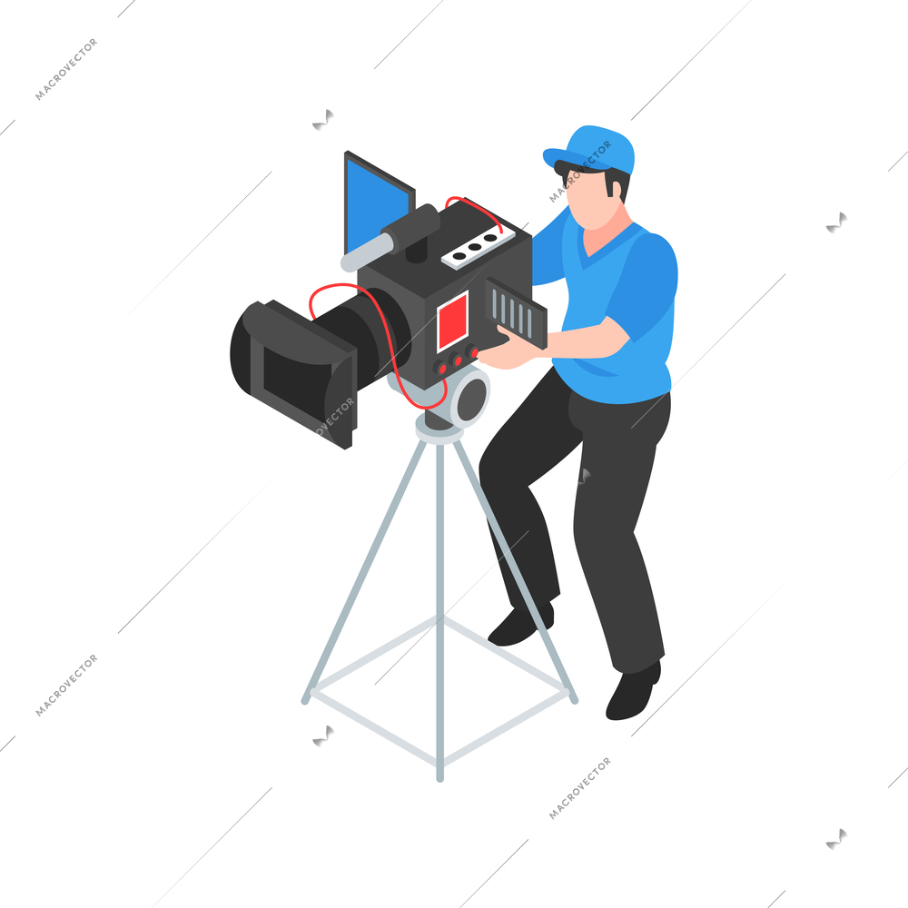 Isometric cinematography composition with isolated character of cameraman operating camera on stand vector illustration