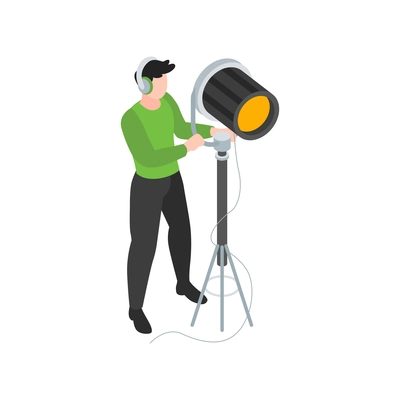 Isometric cinematography composition with isolated character of lighting engineer with spot light vector illustration