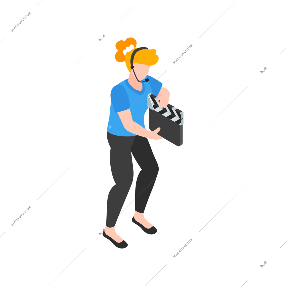 Isometric cinematography composition with isolated character of woman with clapper and headphones vector illustration