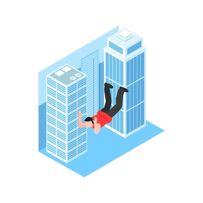 Isometric cinematography composition with isolated character of stunt boy falling at tall buildings vector illustration