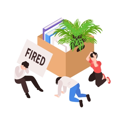 Isometric dismissal fired need job composition with cardboard box with workplace items and people vector illustration