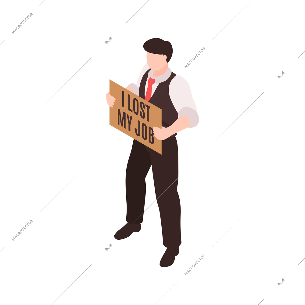 Isometric dismissal fired need job composition with male character holding text placard vector illustration