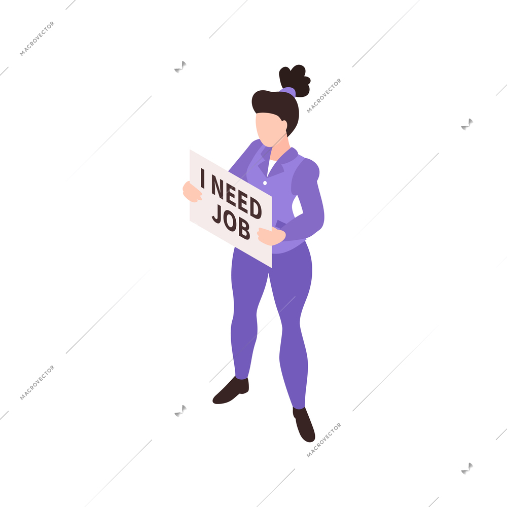 Isometric dismissal fired need job composition with female character holding text placard vector illustration