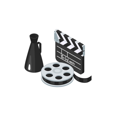 Isometric cinematography composition of isolated icons of cinema reel clapper and megaphone vector illustration
